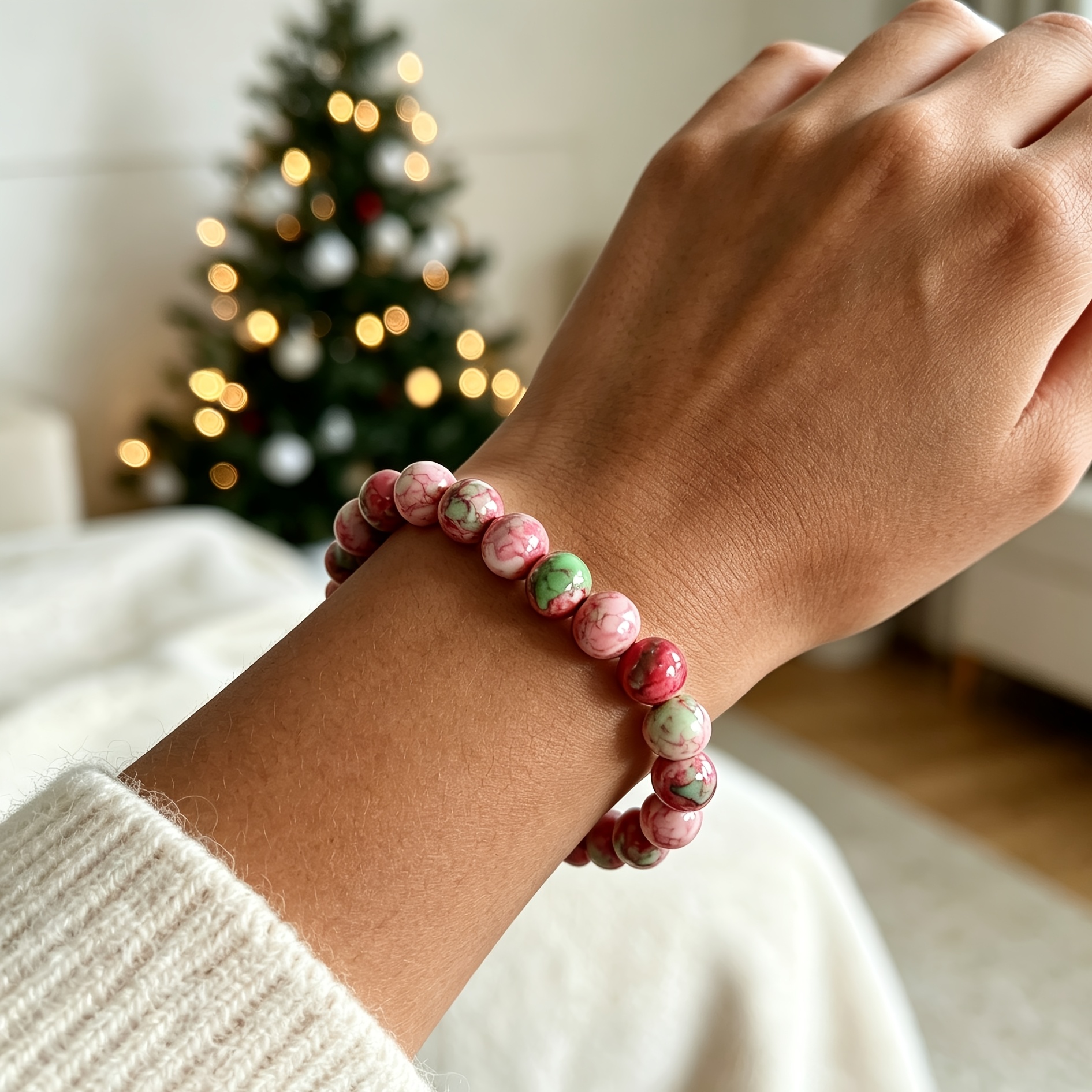 Christmas Red Green Natural Stone Beaded Bracelet, Gift